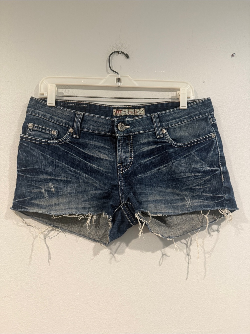 BKE Women's Dark Blue Distressed Frayed Hem Jean Shorts